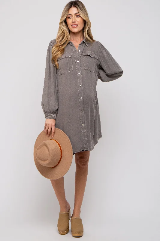 Women's Holiday Attire Charcoal Vintage Wash Maternity Shirt Dress