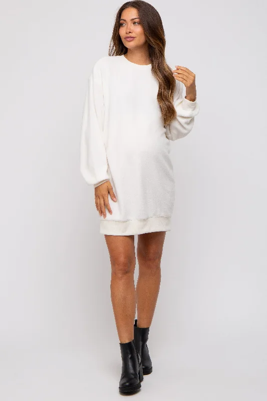 Women's Clothing Outfit Set Cream Fleece Oversized Maternity Sweatshirt Mini Dress