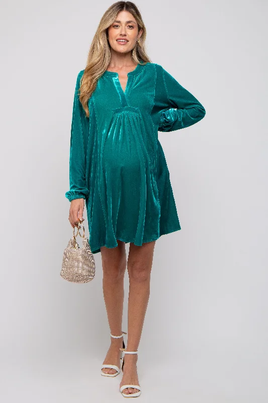 Women's Vintage Garments Emerald V-Neck Velvet Maternity Dress