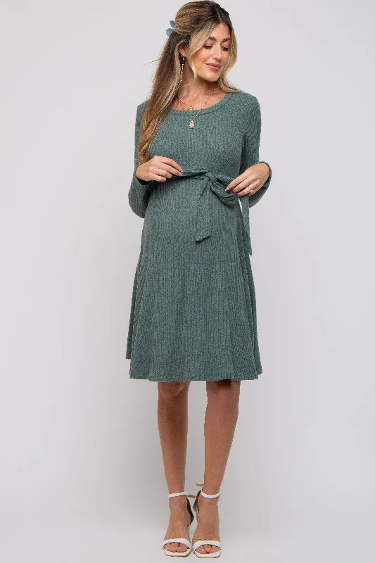 Women's Elegant Apparel Green Soft Rib Knit Sash Tie Maternity Dress