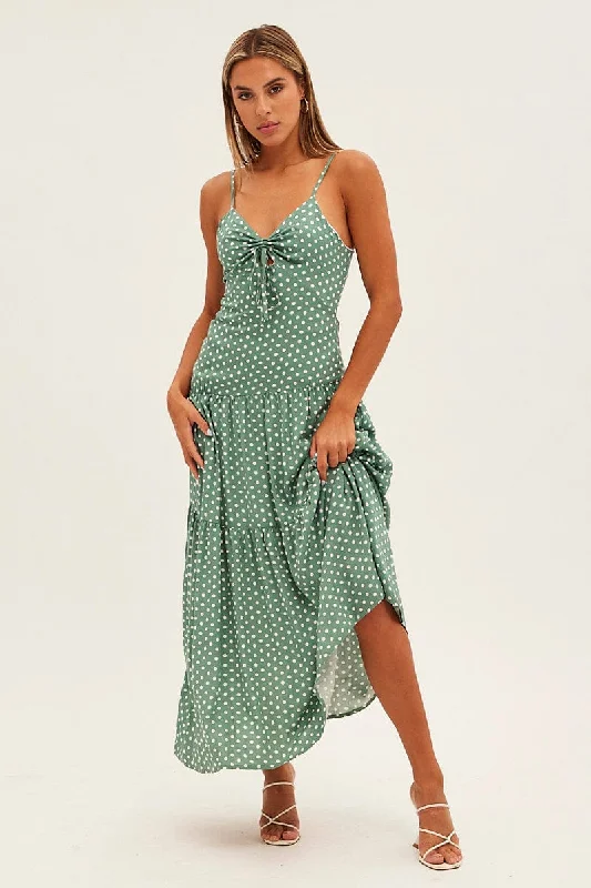 Women's Office Clothing Print Polka Dot Maxi Dress Sleeveless Tie Front Tiered Polka Dot