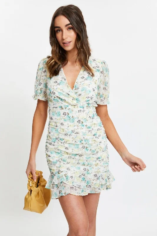 Women's Plus-Size Attire Print Puff Sleeve Ruched Dress