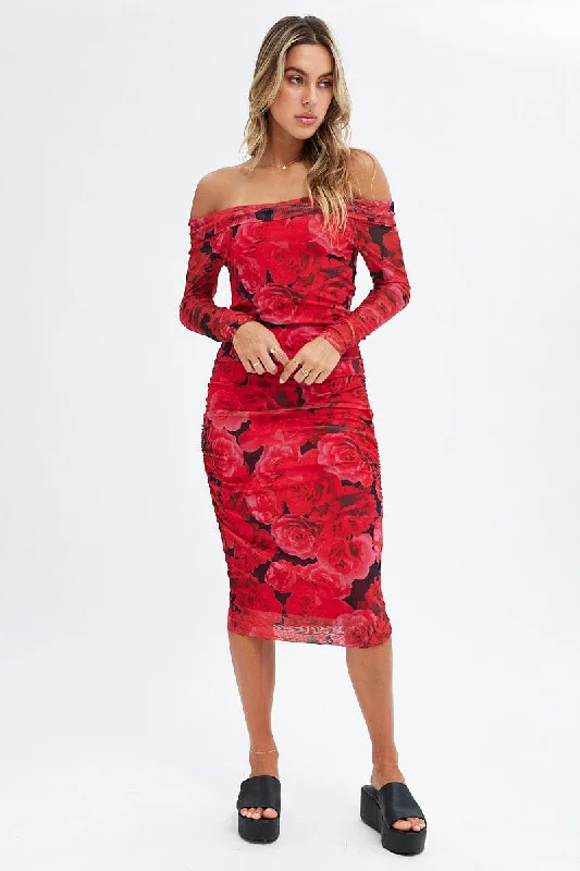 Women's Casual Apparel For Weekends Red Floral Midi Dress Bardot Off Shoulder Bodycon Ruched