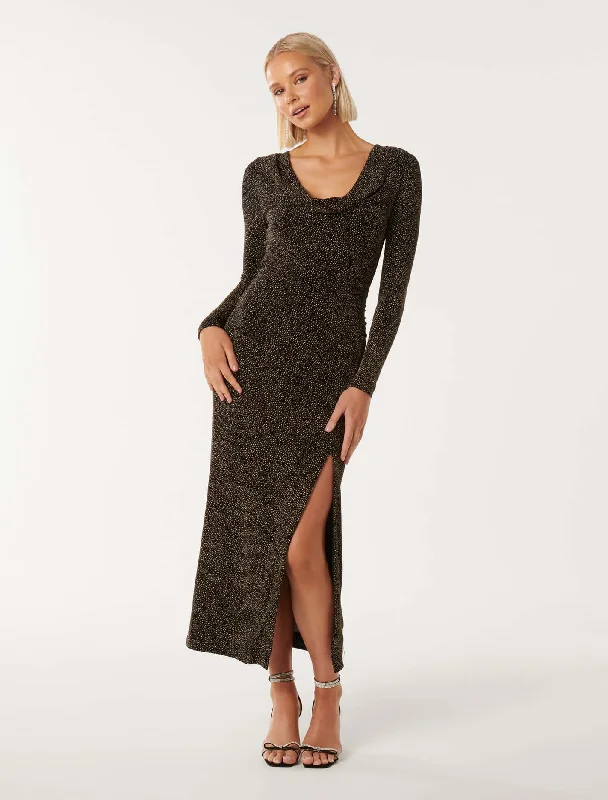 Comfortable Outfit For Women Reva Cowl Neck Glitter Midi Dress