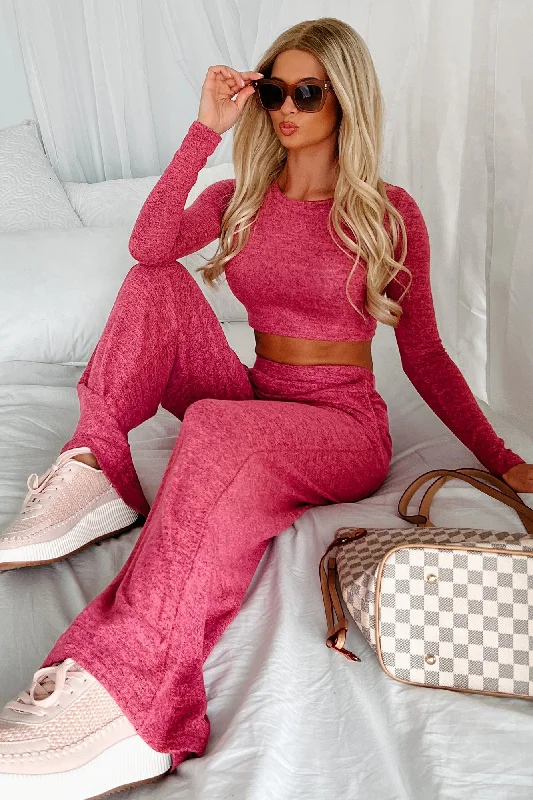 Stylish Women's Attire Asa Heathered Knit Crop Top & Pants Set (Hot Pink)