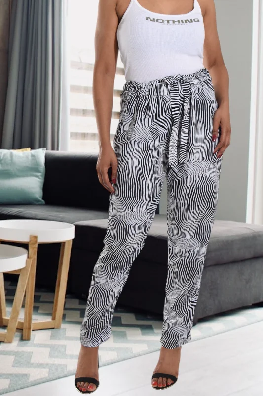 Plus-Size Women's Clothing Black And White Printed Pocket Pants