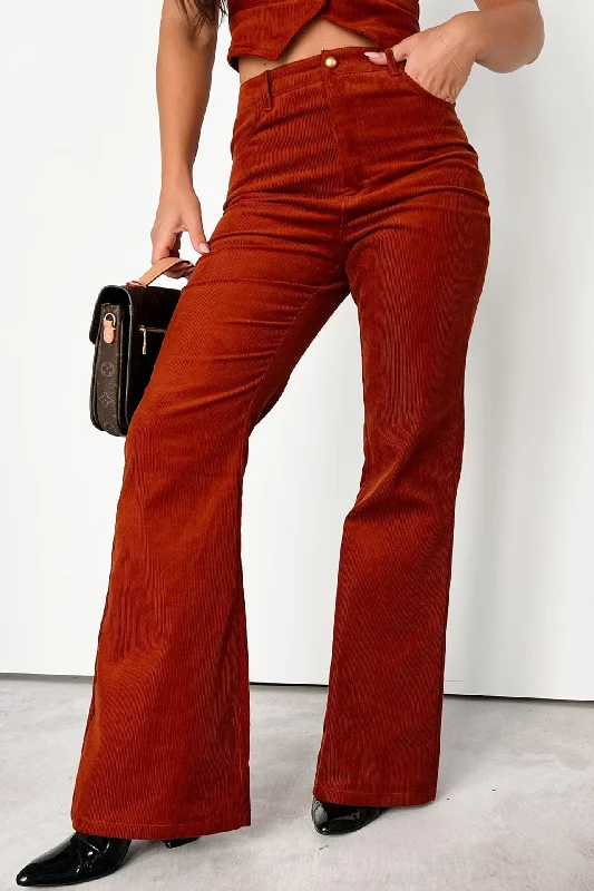 Women's Vacation Clothes Boho Belle Corduroy Flare Pants (Rust)