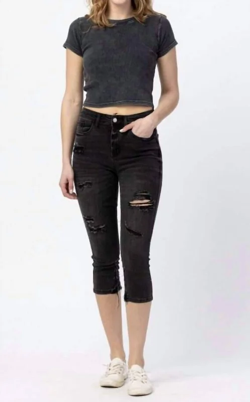 Affordable Women's Clothing Destroyed Skinny Capri Pants In Black