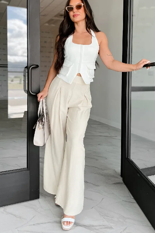 Comfortable Lounge Clothing Energetic Response High Rise Pleated Wide Leg Pants (Cream)