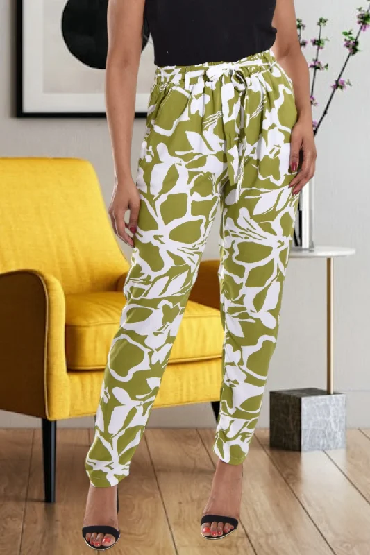 Women's Sporty Chic Clothes Green And White Printed Pocket Pants