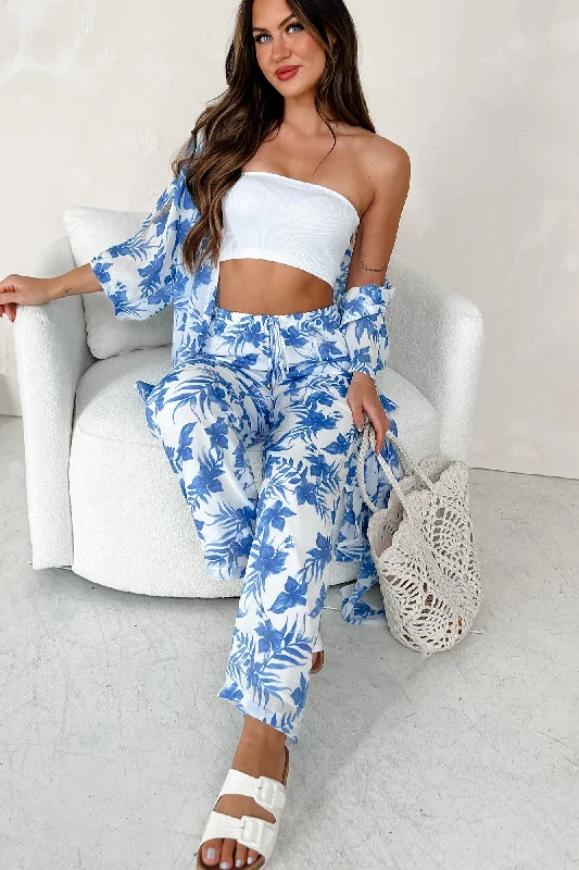 Women's Vacation Garments Happy In Hawaii Floral Kimono & Pant Set (Blue)