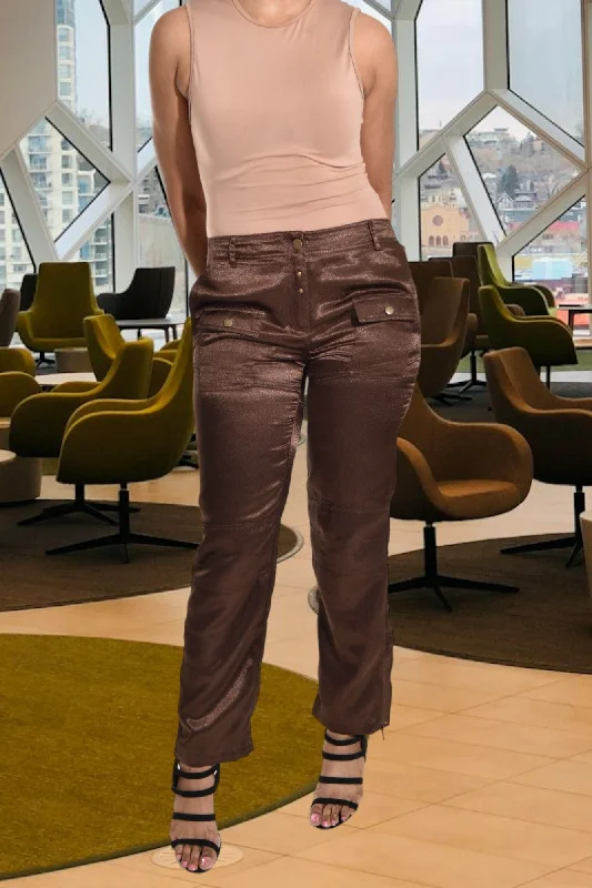 Fashionable Women's Clothes Brown Satin Pocket Pants