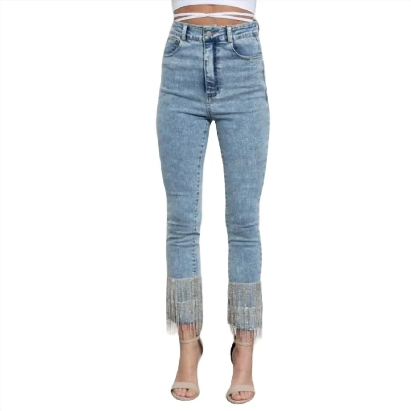 Women's Vacation Clothes Layered Rhinestone Fringe Denim Pants In Denim Blue