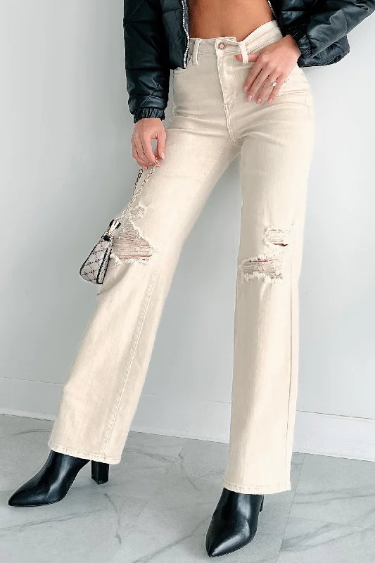 Women's Clothes For The Office Linetta High Rise Distressed Judy Blue Straight Leg Jeans (Bone)