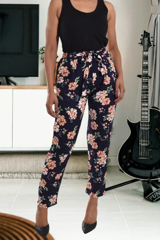 Women's Elegant Outfit Navy Floral Pocket Pants