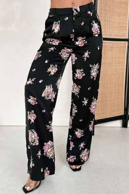 Women's Comfortable Apparel Positively Charming High Waisted Satin Floral Pants (Black)