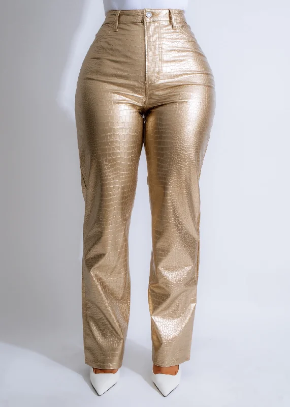 Women's Casual Wear Outfit Savanna Croc Faux Leather Pants Gold