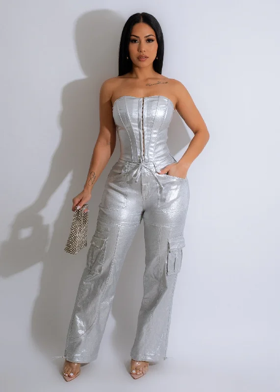 Women's High-Fashion Garments You Arrived Metallic Cargo Pants Silver